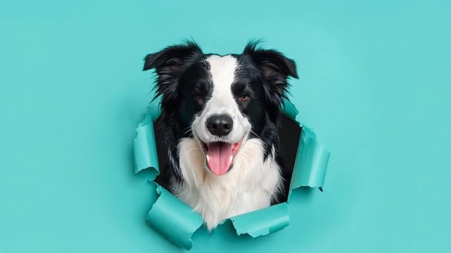ミント色の背景に破かれた穴から現れた犬が満面の笑みを浮かべる可愛らしい瞬間