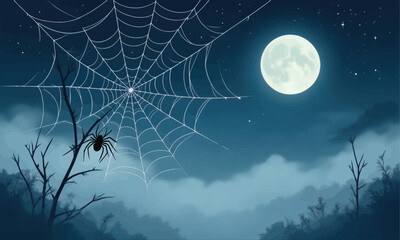 Naklejka premium Spider on web under glowing moonlit night sky