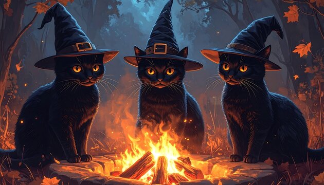 Three black cats wearing witch hats gather around a bonfire in an autumnal forest setting, flames illuminating their faces