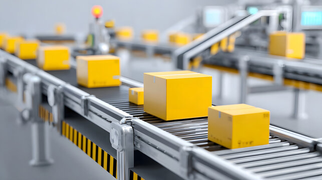 High tech automated conveyor belt efficiently transports yellow boxes symbolizing industrial production logistics and streamlined supply chain ope ns in a contemporary warehouse