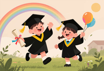 Two joyful children in graduation gowns celebrate outdoors under rainbow.