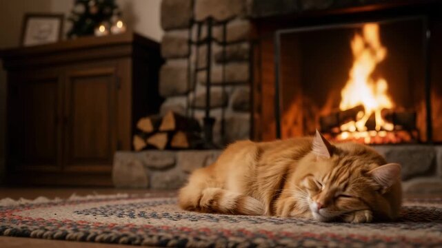 A cute ginger cat sleeping by a warm fireplace. Cozy pet relaxing on a rug in a living room. Hygge and comfort at home concept
