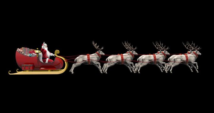 Santa Claus riding sleigh pulled by eight reindeer with gifts on transparent background, Christmas Eve delivery, holiday magic, and celebration. 3d rendering animation. Alpha channel.