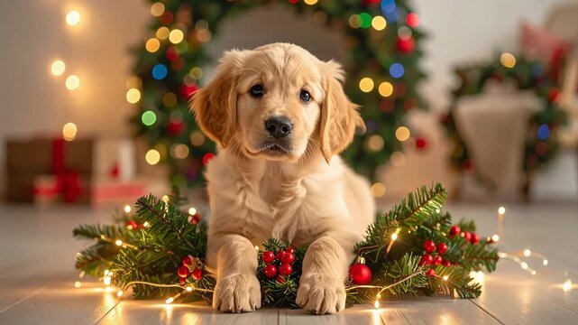 クリスマスの電飾に囲まれた犬が光の中で微笑みを見せる楽しむホリデーの瞬間