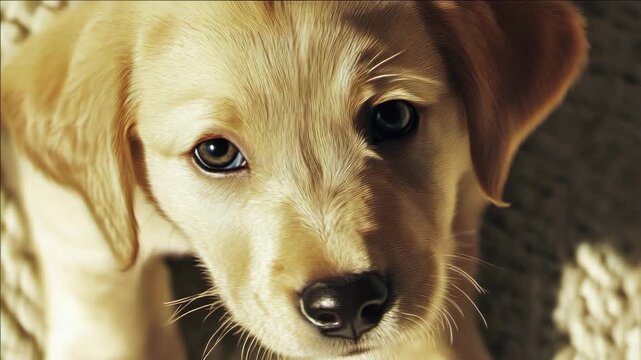 A young dog with a pitiful expression looks up towards the camera.