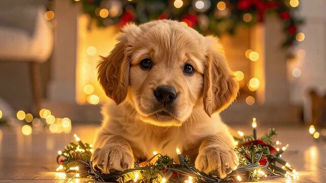 犬がクリスマスの電飾とリースに包まれながら温かく楽しむ季節の癒しの一枚