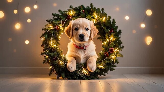 キラキラ輝く電飾に囲まれた犬がクリスマスを楽しむ優しい光に包まれた風景