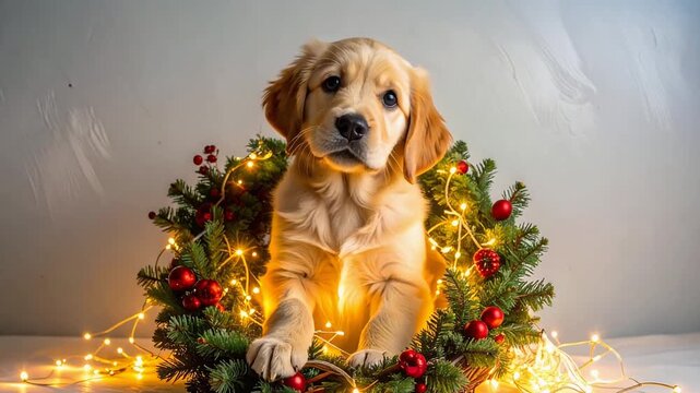 犬がクリスマスの電飾リースに囲まれて楽しむ温もりと幸福感あふれる夜の情景