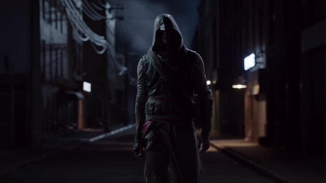 Mysterious hooded figure walking in dark alleyway with an air of danger and intrigue, action movie scene with intense atmosphere, urban thriller concept, cinematic and suspenseful
