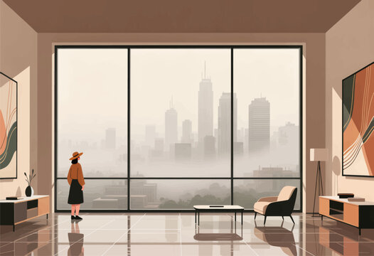 Woman in hat gazing at cityscape through large windows