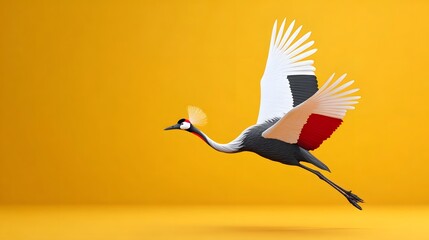 Obraz premium Elegant Grey Crowned Crane with distinctive golden crest and colorful wings captured in dynamic flight against a vivid solid yellow studio backdrop showcasing natural beauty