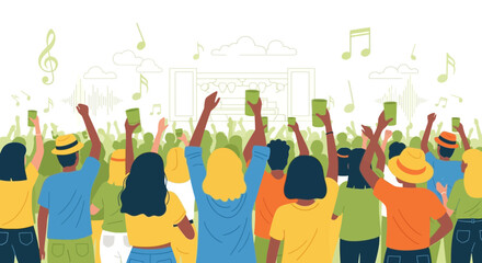 Animated crowd enjoying a music festival with drinks and raised arms expressing happiness and