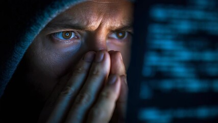 A man in a hoodie looks anxiously at a glowing monitor, reflecting concern over digital security. The dramatic lighting highlights the seriousness of cybercrime and online privacy risks - Powered by Adobe