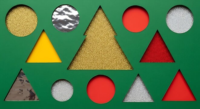 Geometric shapes and glitter cutouts on a green background gold - Powered by Adobe