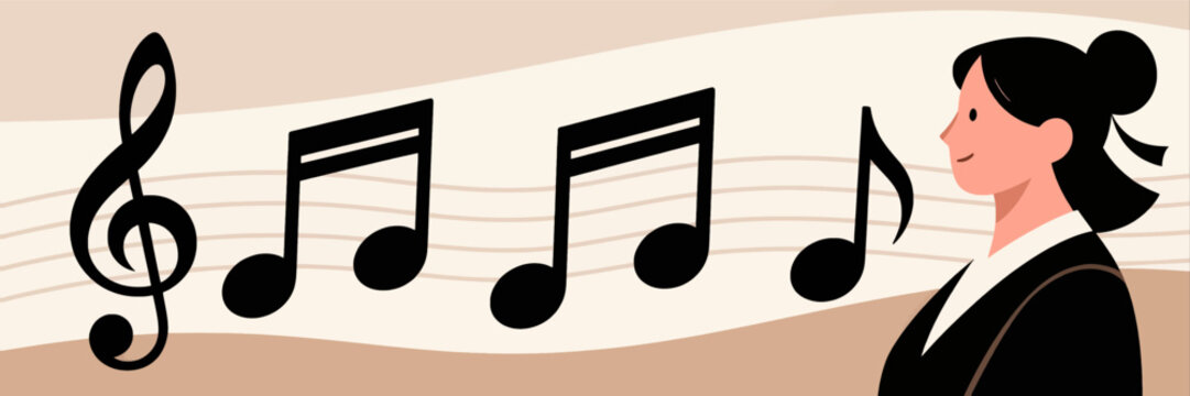 Woman singing with musical notes flowing from her mouth