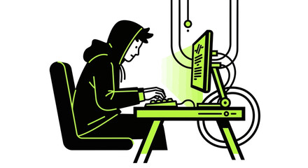 Cybersecurity illustration with programmer, hacker, or coder working on computer showing code