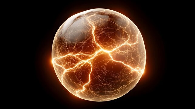 Abstract glowing orb filled with intricate bright orange and yellow electrical energy arcs and lightning effects set against a deep black void suggesting immense power