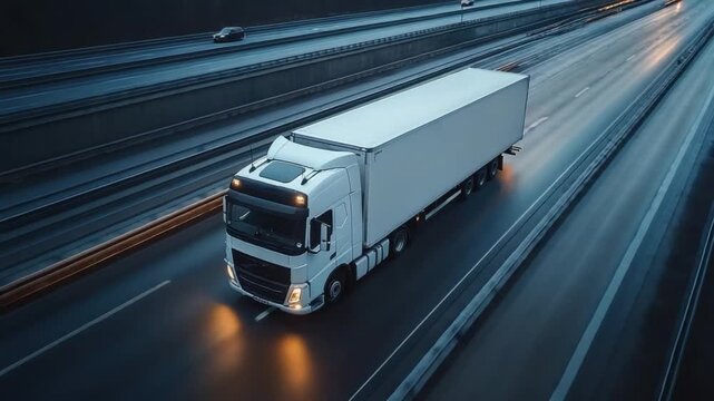 Highway Haulage: A powerful semi-truck speeds along a multilane highway. The image is captured from an elevated perspective, accentuating its journey in the late hours.
