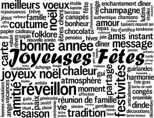 JOYEUSES FETES (HAPPY HOLIDAYS in French) black word cloud on transparent background