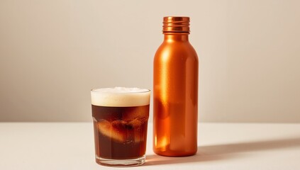 Effervescent Drink with Ice, Alongside a Copper Colored Container, Still Life.