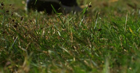 Slow Motion of Golf Swing Powerful Impact as Club Hits the Ball, Grass and Sand Flying in the Air, Capturing Strength, Focus and Precision at 1000 fps
