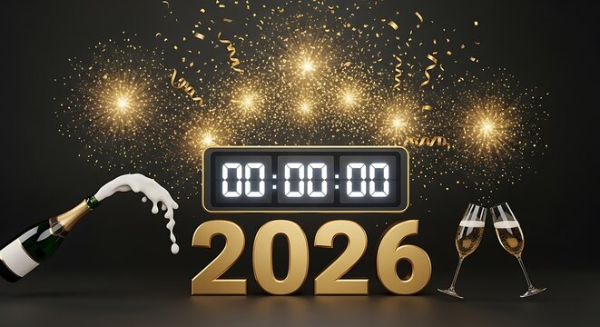 New Year 2026 Celebration Champagne Bottle Countdown Clock and Confetti
