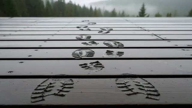 Wet boot prints on a wooden trail in a foggy forest. Following a path on a hiking adventure. Vertical video