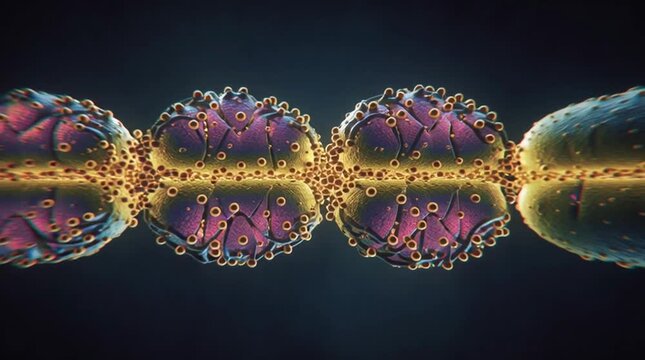 3D visualization of cell division during mitosis, captured mid-stage with chromosomes aligned at the center, shallow depth of field emphasizing structure, motion, and biological precision.
