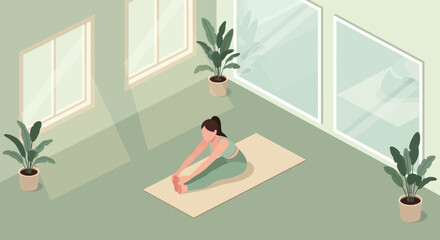 Isometric illustration of a woman practicing yoga at home in a bright and peaceful room filled