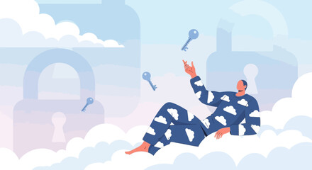Man in cloud pajamas catching keys representing cloud data security and access control