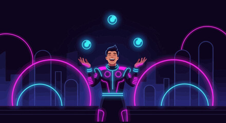 Neon Juggler with Futuristic Outfit and Glowing Balls on Dark Abstract Background
