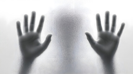 A mysterious silhouette of a person s head and hands pressed against frosted glass with diffused light creating an atmosphere of confinement and intrigue