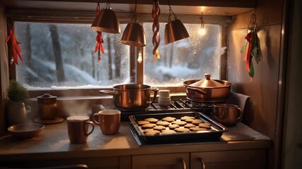 Cozy Winter Kitchen Scene Baking Cookies Snowy Forest View. - Powered by Adobe