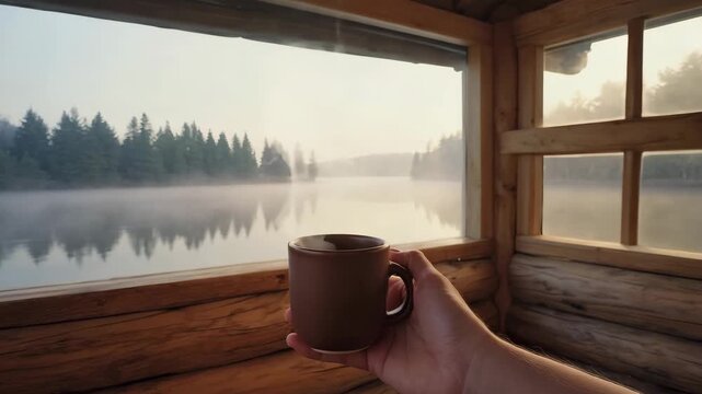 Cinematic slow motion of hand holding coffee cup by wooden cabin window with misty lake and forest in warm morning light