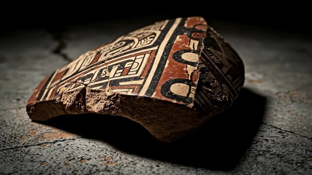 Ancient Southwest Native American Pottery Fragment Featuring Intricate Geometric Designs and Symbols from Prehistoric Cultures