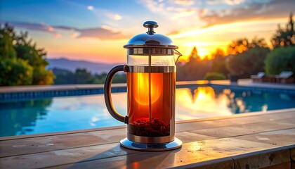 Relaxing Sunset Tea by the Pool: A Serene and Beautiful Scene
