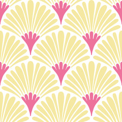 Hand Drawn Seamless Pattern with Pink Flowers and Yellow Fan Shapes