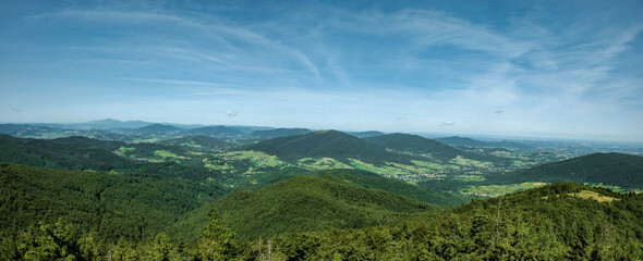 Fototapeta premium View of the mountains covered with forests and the towns below them. 