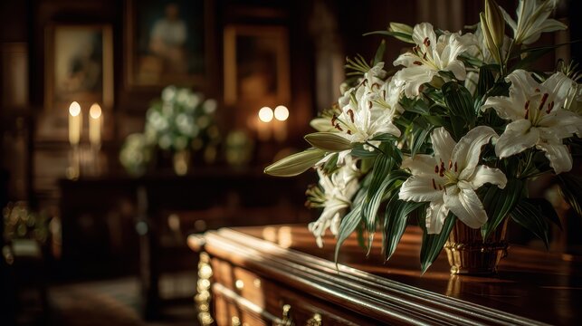 White lilies on wood dresser, illuminated by sunlight and blurred candles. Perfect for sympathy cards, memorial announcements, and funeral services.