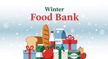 Depiction of volunteering and voluntary help with food bank contributions, showcasing essential items such as bread, milk, soup, and fruits.