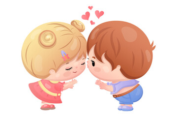 Adorable cartoon kids sharing a sweet moment with love hearts.