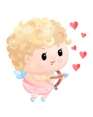 Cute cartoon cupid with bow and hearts on white background.