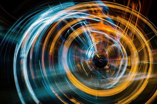 Bright blue and orange light trails spin rapidly in a dynamic abstract circular motion, creating a vibrant futuristic energy vortex on a dark background.