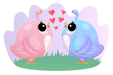 Cute pink and blue birds in love with hearts on grass.