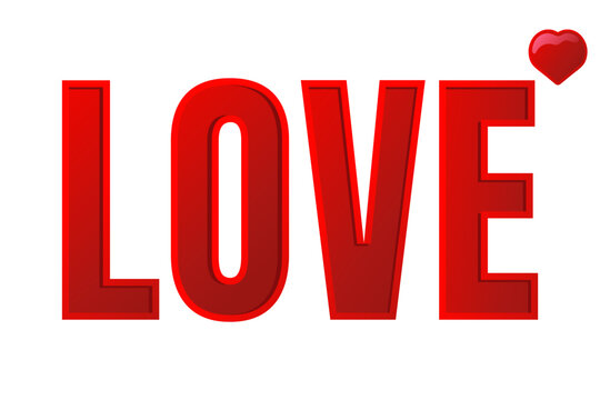Vibrant red love text with heart design on white background.