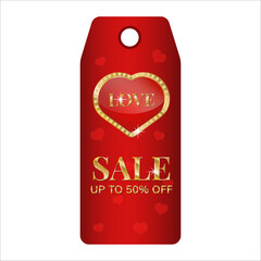Elegant love-themed sale tag with heart design and gold text.