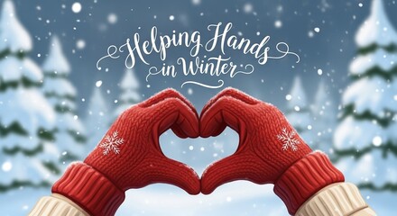 Volunteering and voluntary help shown with hands in red gloves making heart shape, symbolizing winter charity. Volunteering is important during holiday season, offering voluntary help.