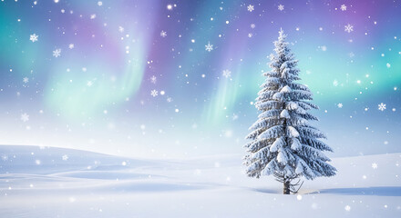 Obraz premium Winter Solstice Scene: Snowy Tree and Northern Lights