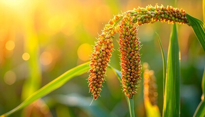 Obraz premium Golden millet stalk bathed in warm sunlight showcasing nature's beauty and agricultural abundance.