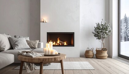 Cozy living room with fireplace and winter scene in a warm home interior design concept.